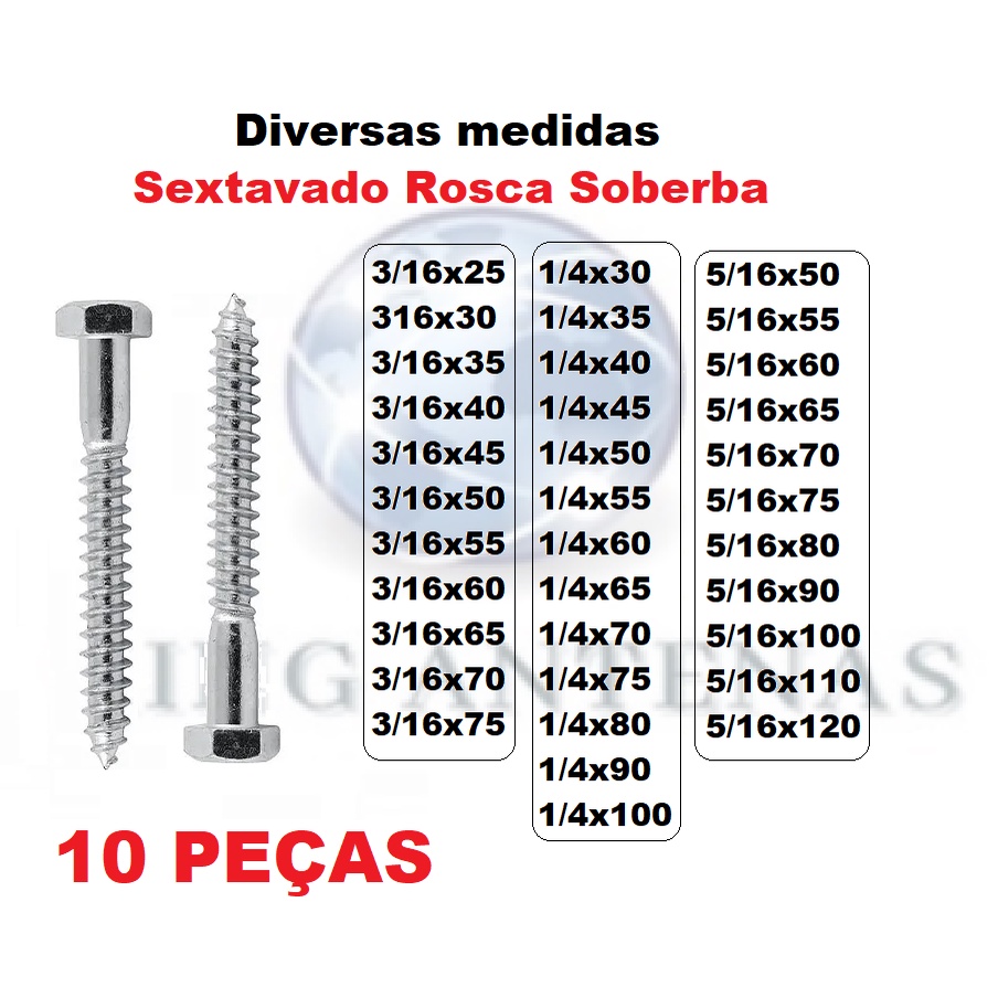 Parafuso Sextavado Rosca Soberba 3/16 - 1/4 - 5/16 - 10 PEÇAS