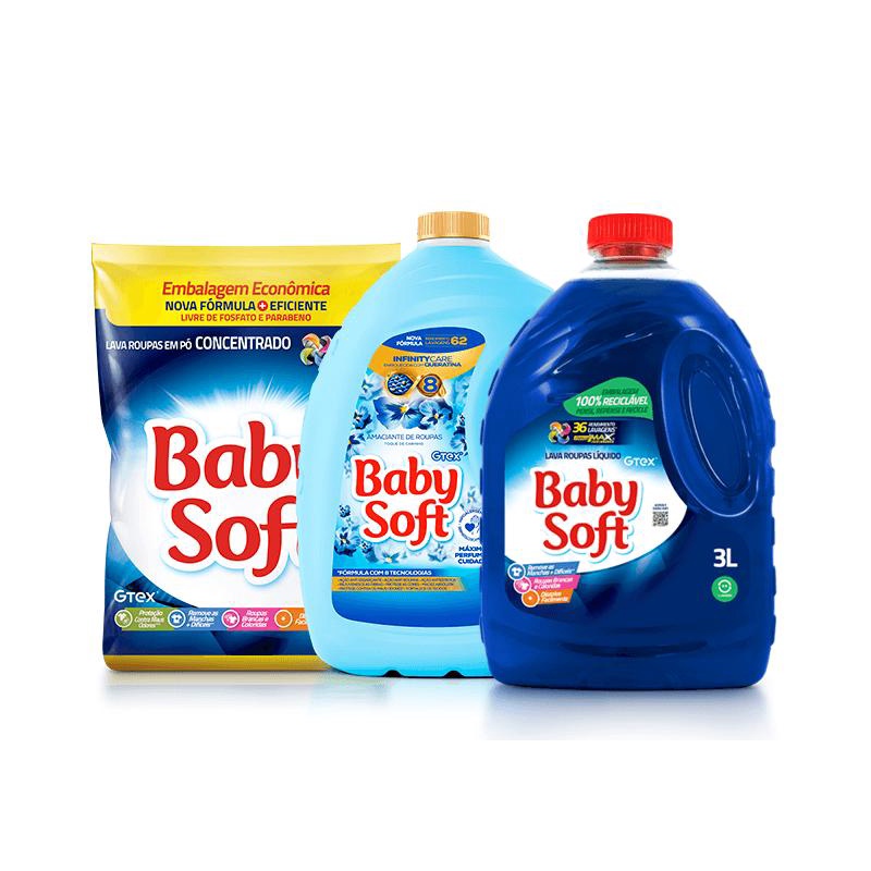 Lava Roupas Pó Baby Soft Concentrado 4KG + Amaciante Baby Soft Toque Carinho 5L + Lava Roupas Liquido Baby Soft Max Performance - Azul 3L - Home & Living