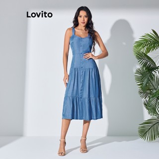 Lovito Casual Vestido Jeans Feminino Simples de Linha Estruturada e Bainha com Babado LBL07015