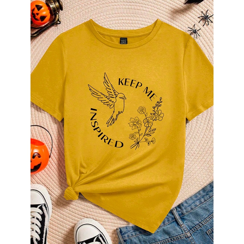 Camiseta Estampa Keep Me Inspirede Pássaro Feminina Casual Oversized T Shirt Tumblr Aesthetic Blusa