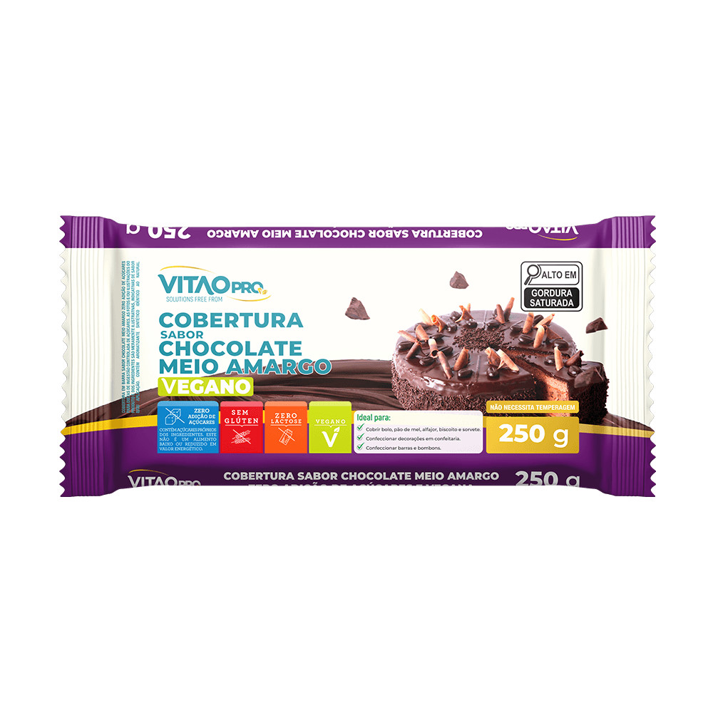 Cobertura Sabor Chocolate Meio Amargo Zero Açúcar Vitao PRO 250 g - Vegano