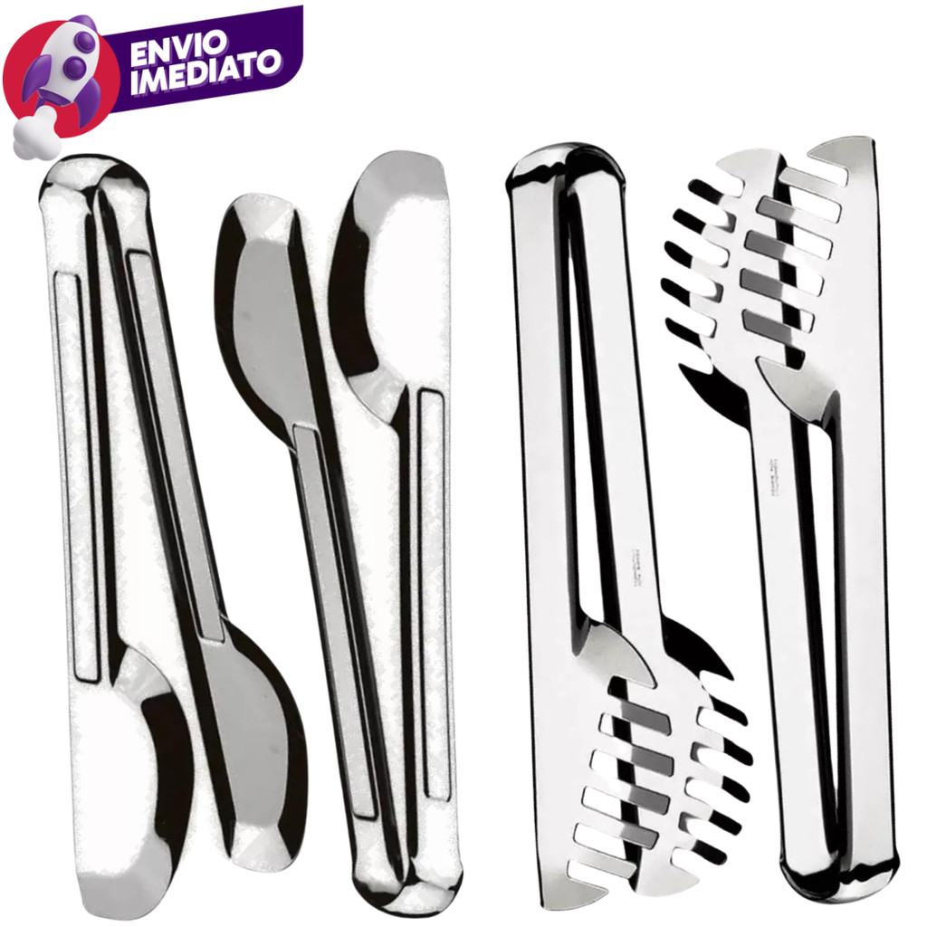 Kit 04 Un: Pegador Universal Tipo Pinça + Pegador Serrilhado Para Massas Salada Petiscos Em Inox