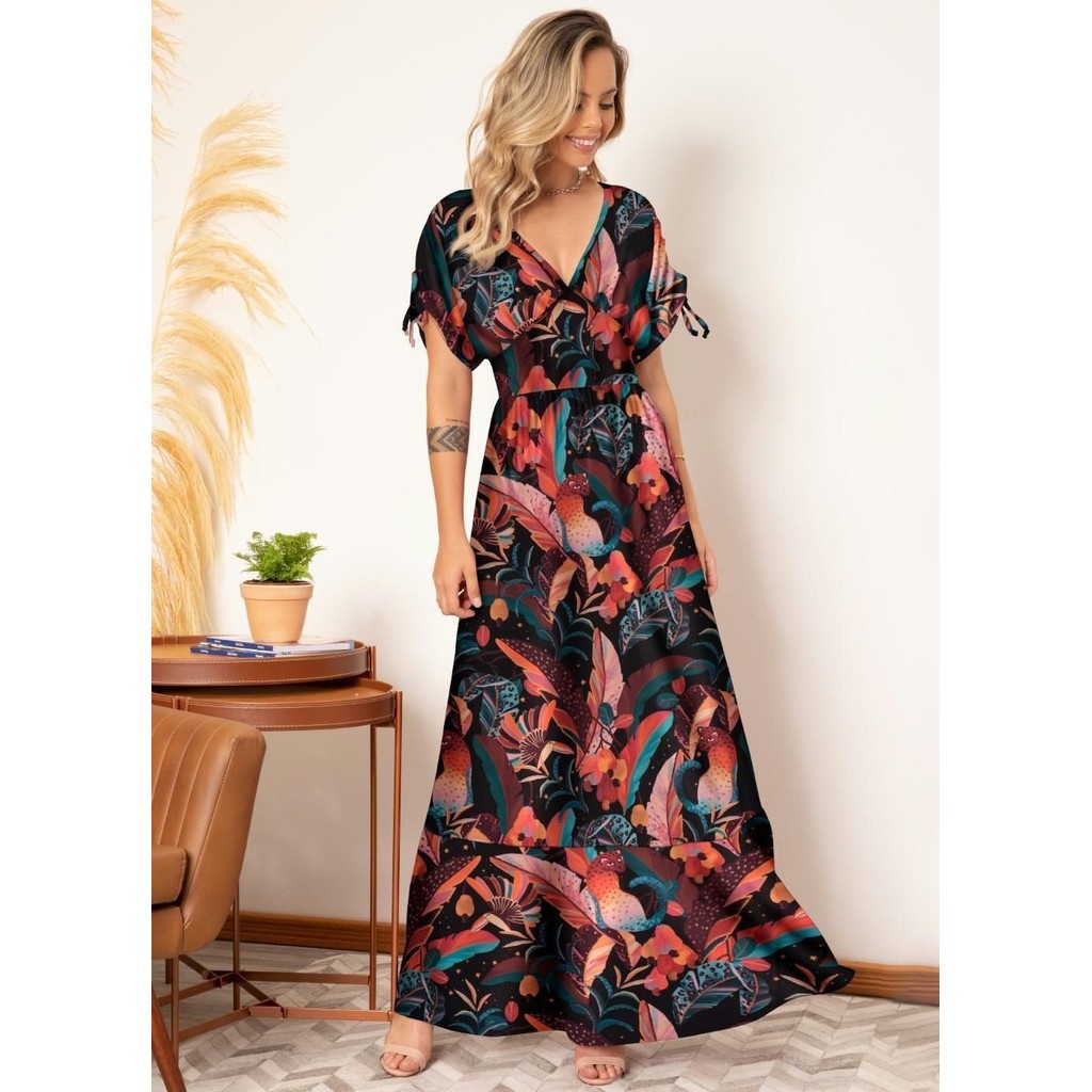 Vestido Longo Com Amarrações Preto Quintess em Oferta na Shopee