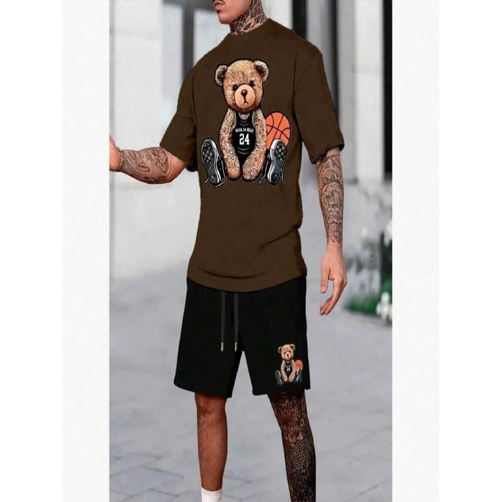 Kit Camiseta Básica Urso Basquete Masculina + Bermuda Urso Basquete Moletom Masculina Short Treino