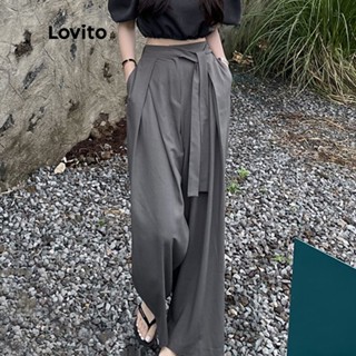 Lovito Calças de Cintura Alta com Pernas Largas e Bolsos para Mulheres LNE09159 (Cinza)