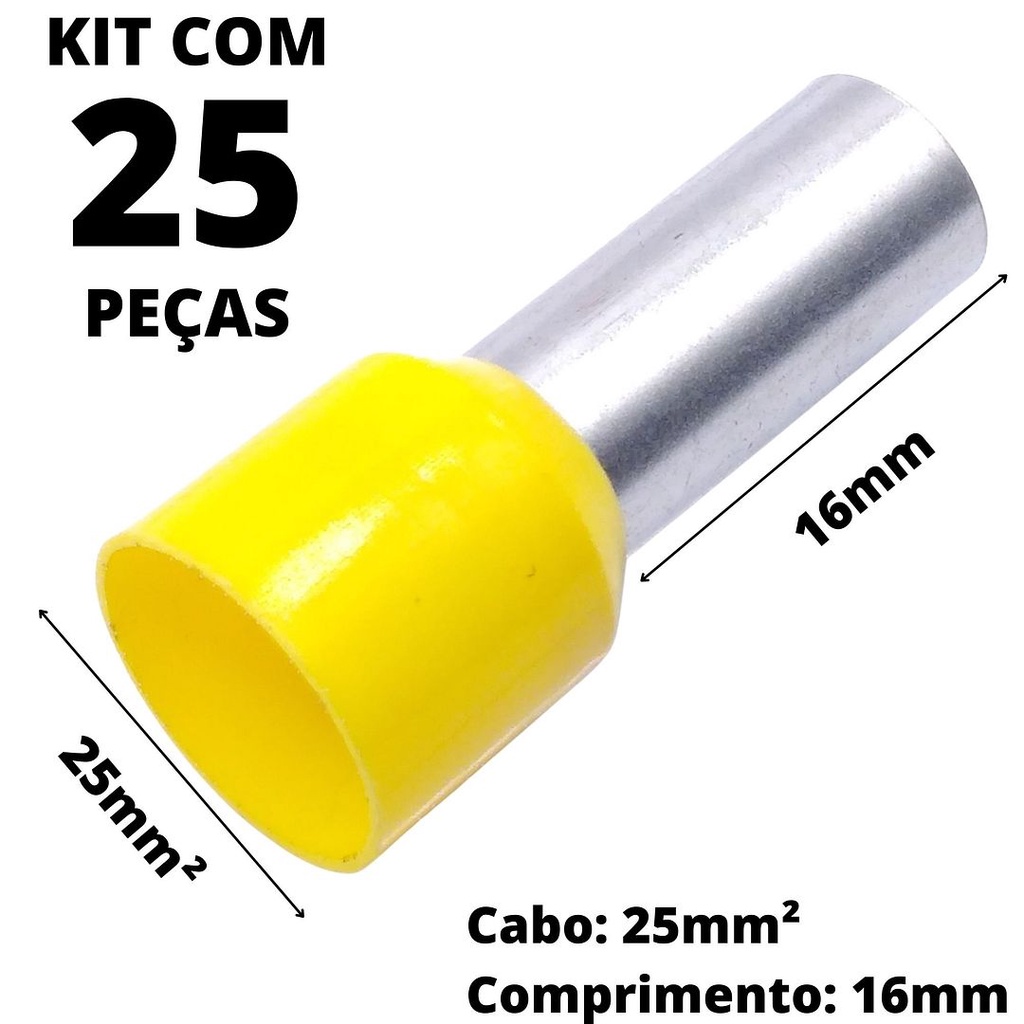 25un Terminal Tubular Ilhós Pré-isolado Simples Para Cabo de 25mm² Metal 16mm Amarelo E25-16