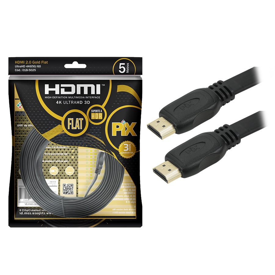 Cabo Hdmi Flat Premium 5 Metros - 4k 2160p UHd Original Pix