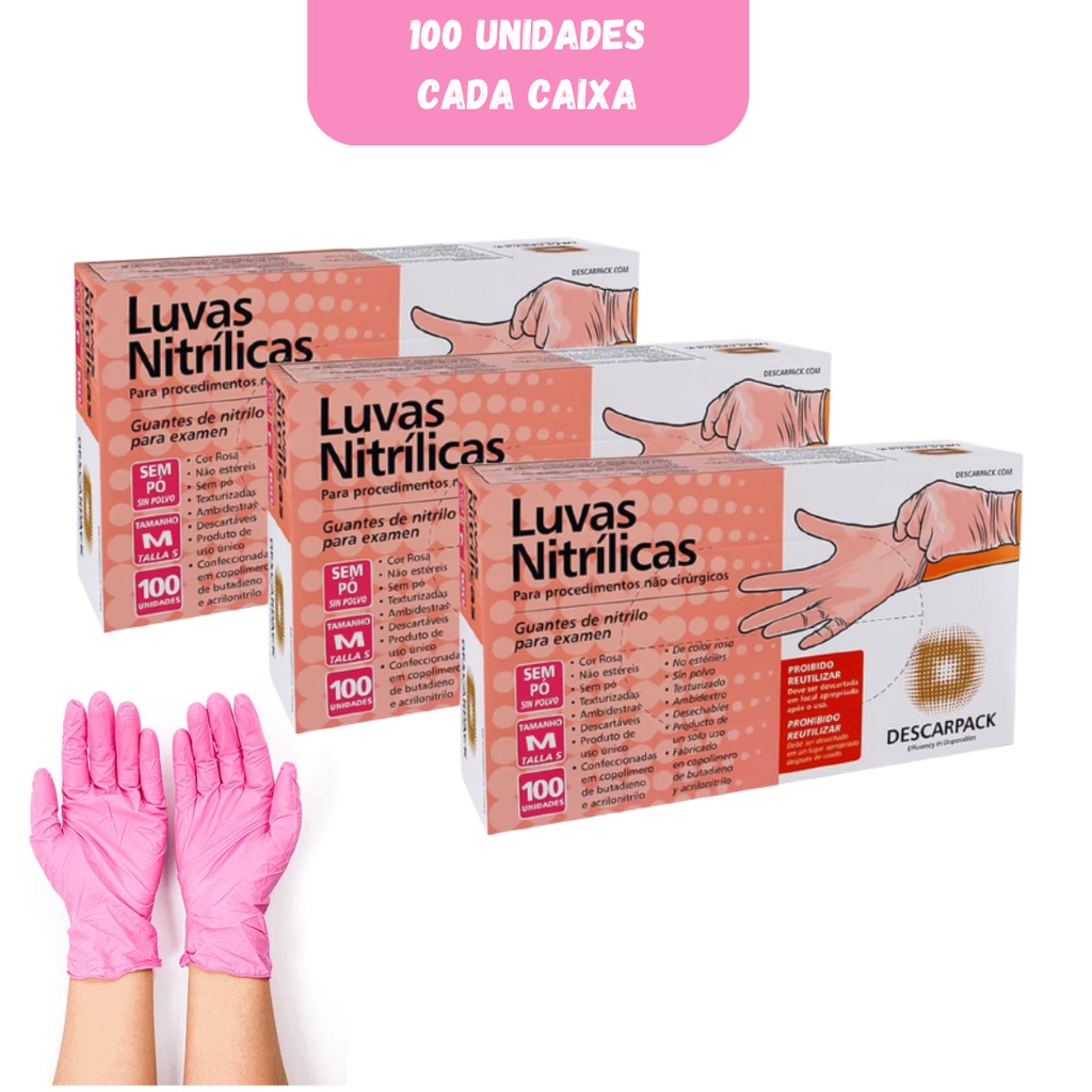 Kit 3 Luva Nitrilica Rosa 100 unidades Descarpack - Tamanho M