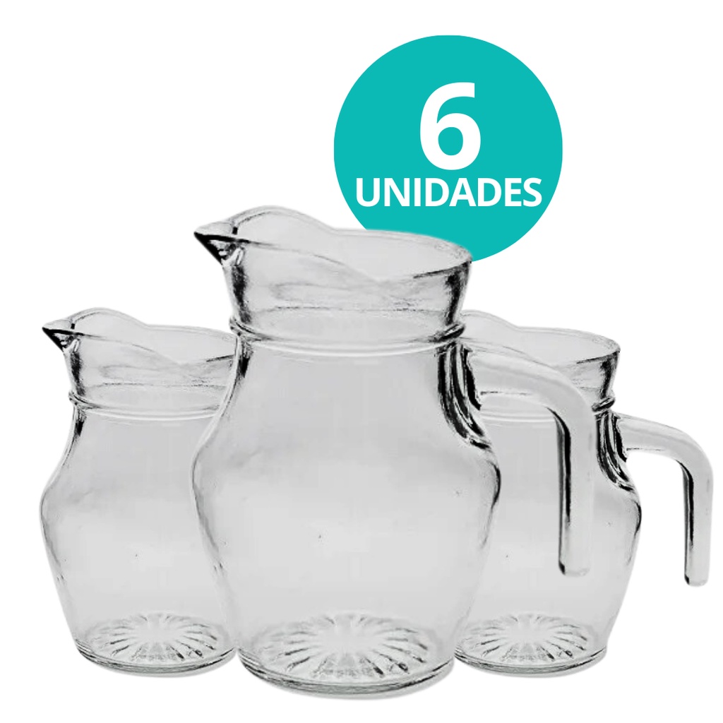 Kit 6 Mini Jarra De Vidro Lisa Transparente Com Alça Agua Suco Clássica 500mL