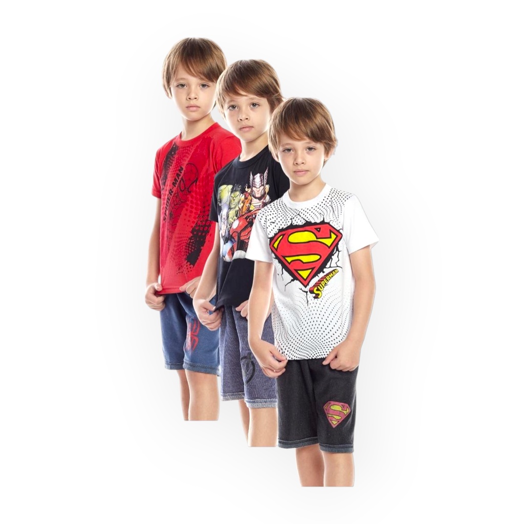 KIT 9 CONJUNTOS MENINO MENINA SHORTS MOLETINHO E CAMISETA ALGODÃO VERÃO PERSONAGENS PRINCESAS