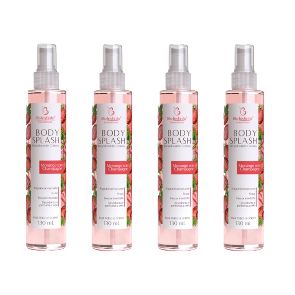 Kit 4x Body Splash Desodorante Colônia Morango com Champagne 130ml