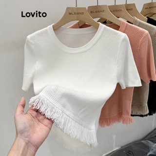 Lovito Casual Blusa Feminina Lisa de Tricô com Barra Desfiada LNA07151 (Branca/Preta)