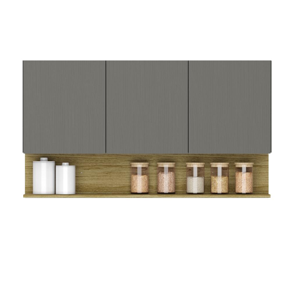 Armário Aéreo de Cozinha 3 Portas com Nicho 1,20m Freijó / Cinza Line Kits Paraná em Oferta na Shopee