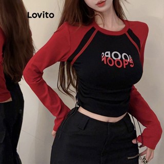 Lovito Camiseta Feminina Casual Com Padrão Colorblock Liso LNA34006 (Branco/Vermelho)