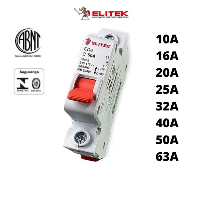 Disjuntor Unipolar Monopolar Curva C - ELITEK - 10A/16A /20A/25A/32A/40A/50A/63A