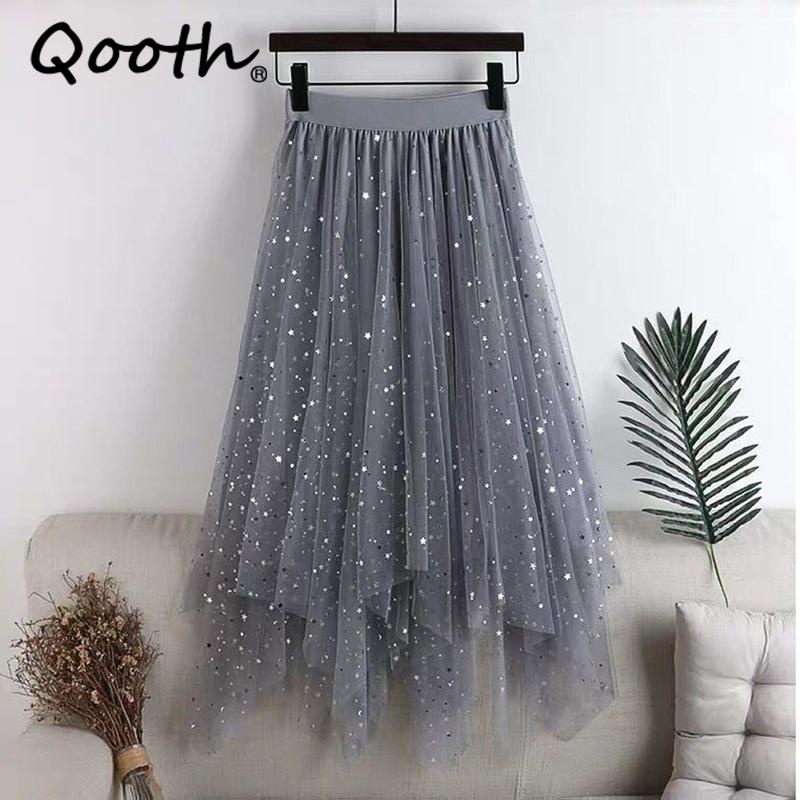 Qooth Fada Estrela Sequins Malha Tutu Saia Elástica Brilhante Cintura Longa Tule Em Linha A QT2298