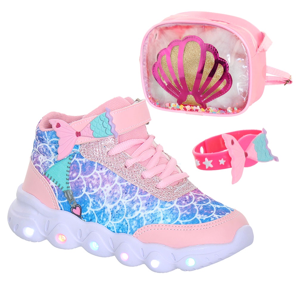 Tenis calcado infantil com luzes de led que pisca brilha acende leve e confortavel + pulseira e mochila