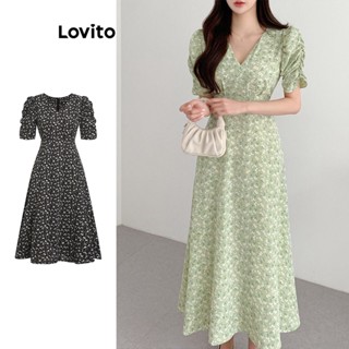 Lovito Casual Vestido Feminino Floral Plissado com manga Bufante L74ED306