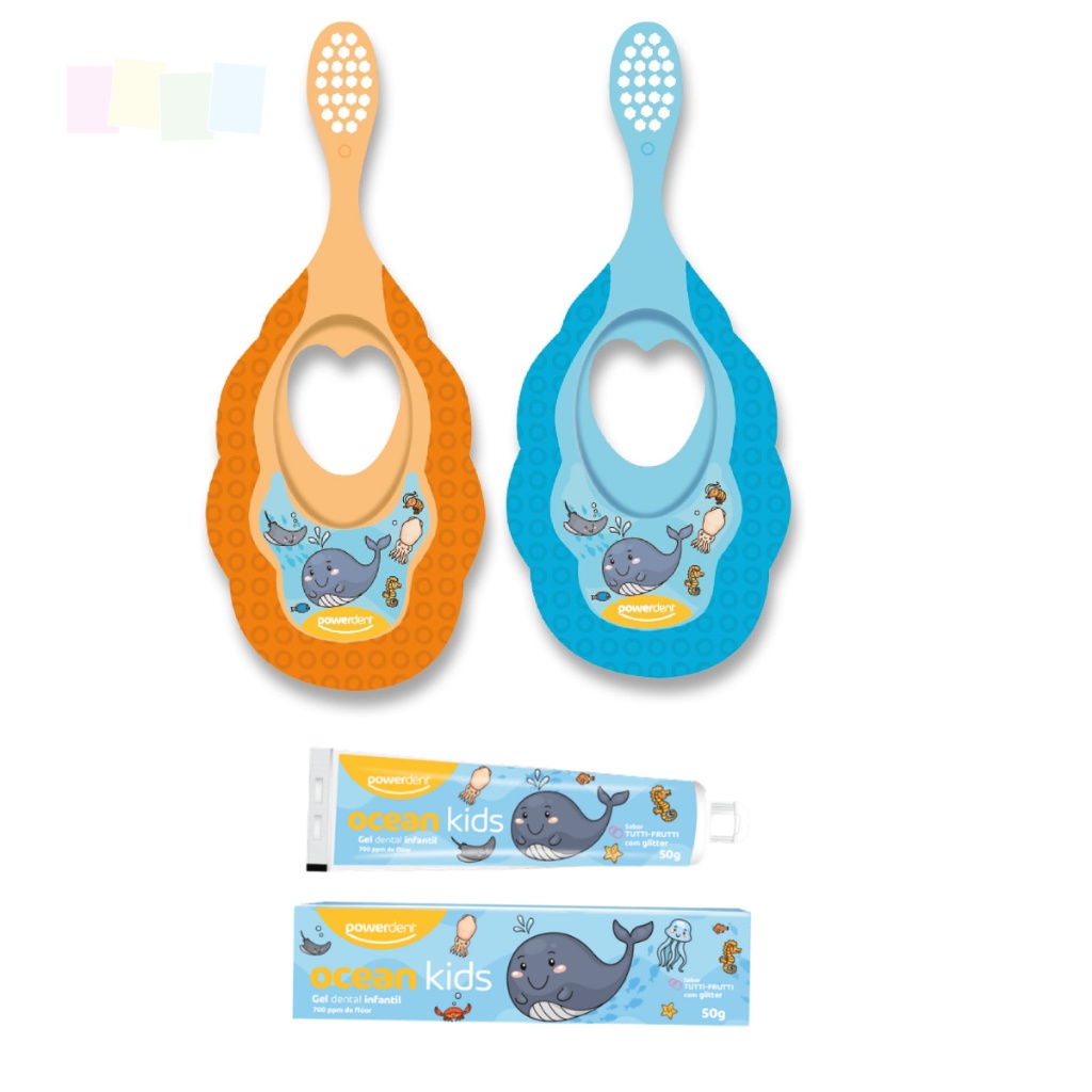 Kit Escova Dental Infantil com Mordedor Cerdas Extra Macias + Gel Dental com Glitter Ocean Kids Powerdent