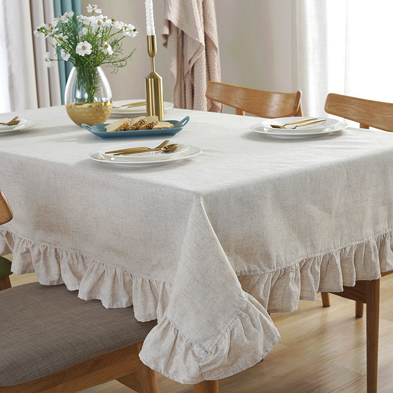 Toalhas De Mesa Retro Farmhouse Ruffle De Algodão Flounces Trim Laváveis Para Rectângulo D...
