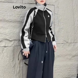 Lovito Casual Moletom Feminino Liso com Costura no Tecido e Zíper LNA29258 (Preto)