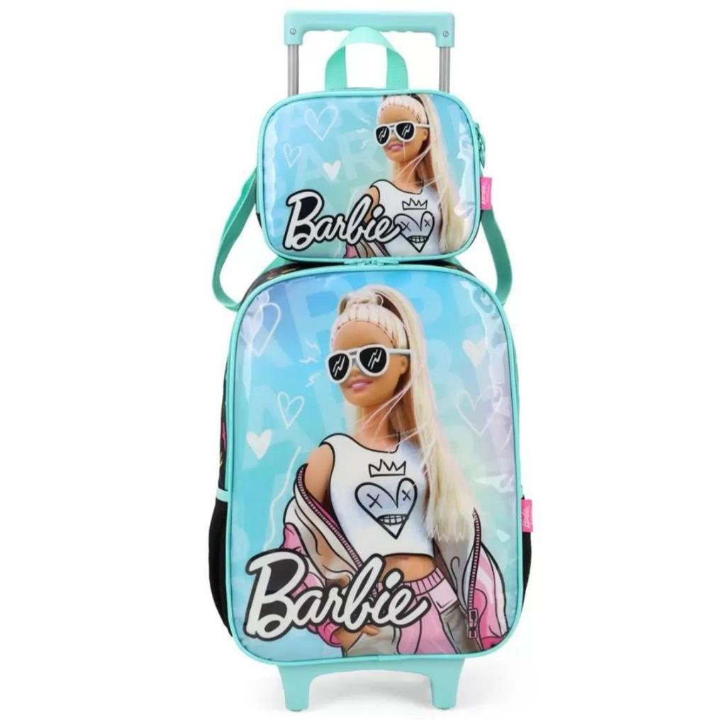 Kit Mochila Rodinha Lancheira Infantil Barbie Fashion Verde