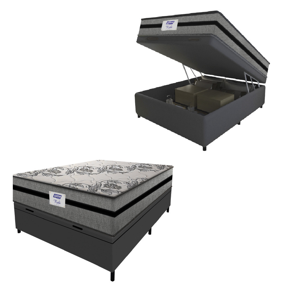 Cama Box Baú Casal Colchão Gazin Com Molas Ensacadas Rubi 138x188x73cm Suede Cinza/Preto em Oferta na Shopee