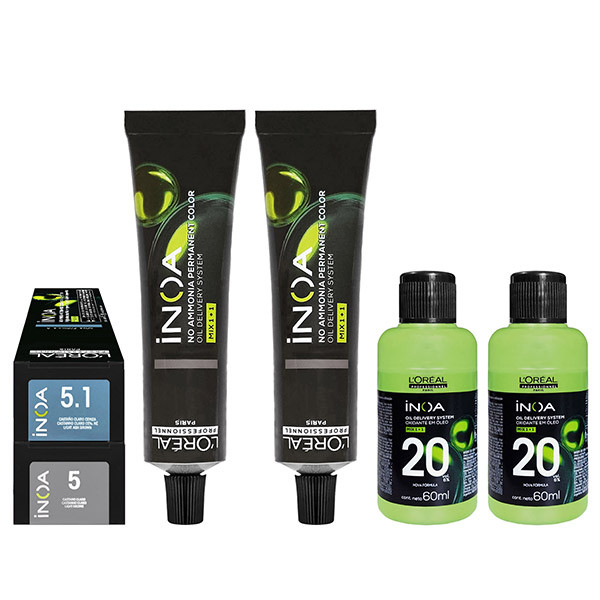 Tinta Kit Inoa Loreal 5 Castanho Claro + 5.1 Castanho Claro Acinzentado 60g + 2 Ox 20v