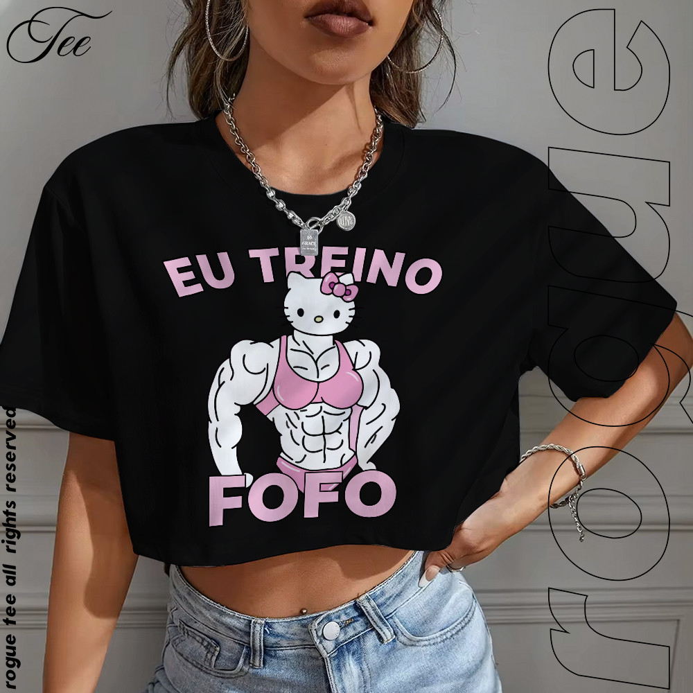 Blusa Cropped OVERSIZED Tshirt Eu Treino Fofo Hello Kitty Gym Academia Aesthetic