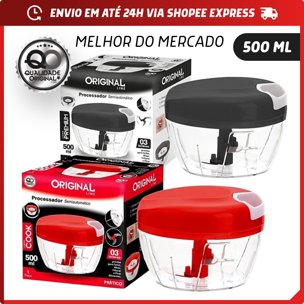 Processador Manual 500ml 3 Lâminas Alimentos Alho Frutas Cogumelos Triturador Multicolorido Multiuso