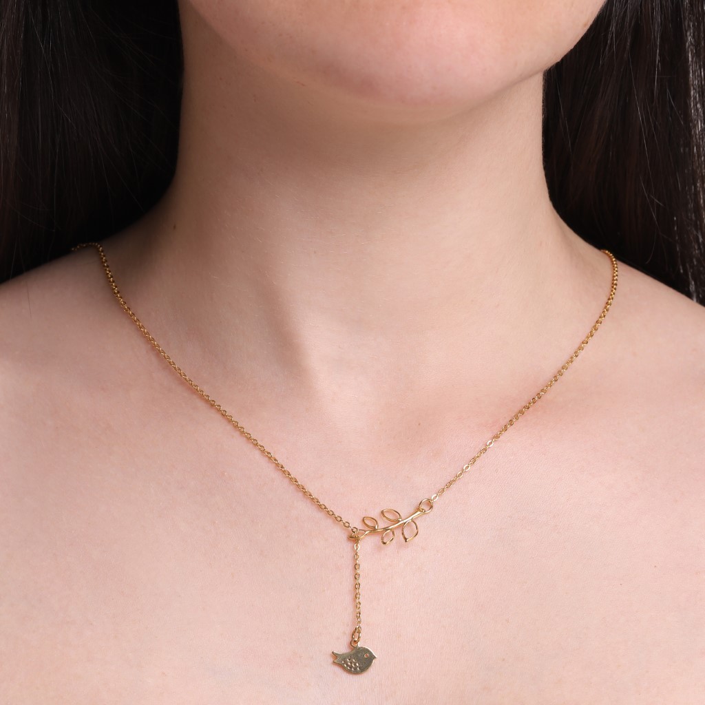 Colar Banhado a Ouro 18K 1x1 Fino Gravata com Pingente de Passarinho e Folhas (55cm)