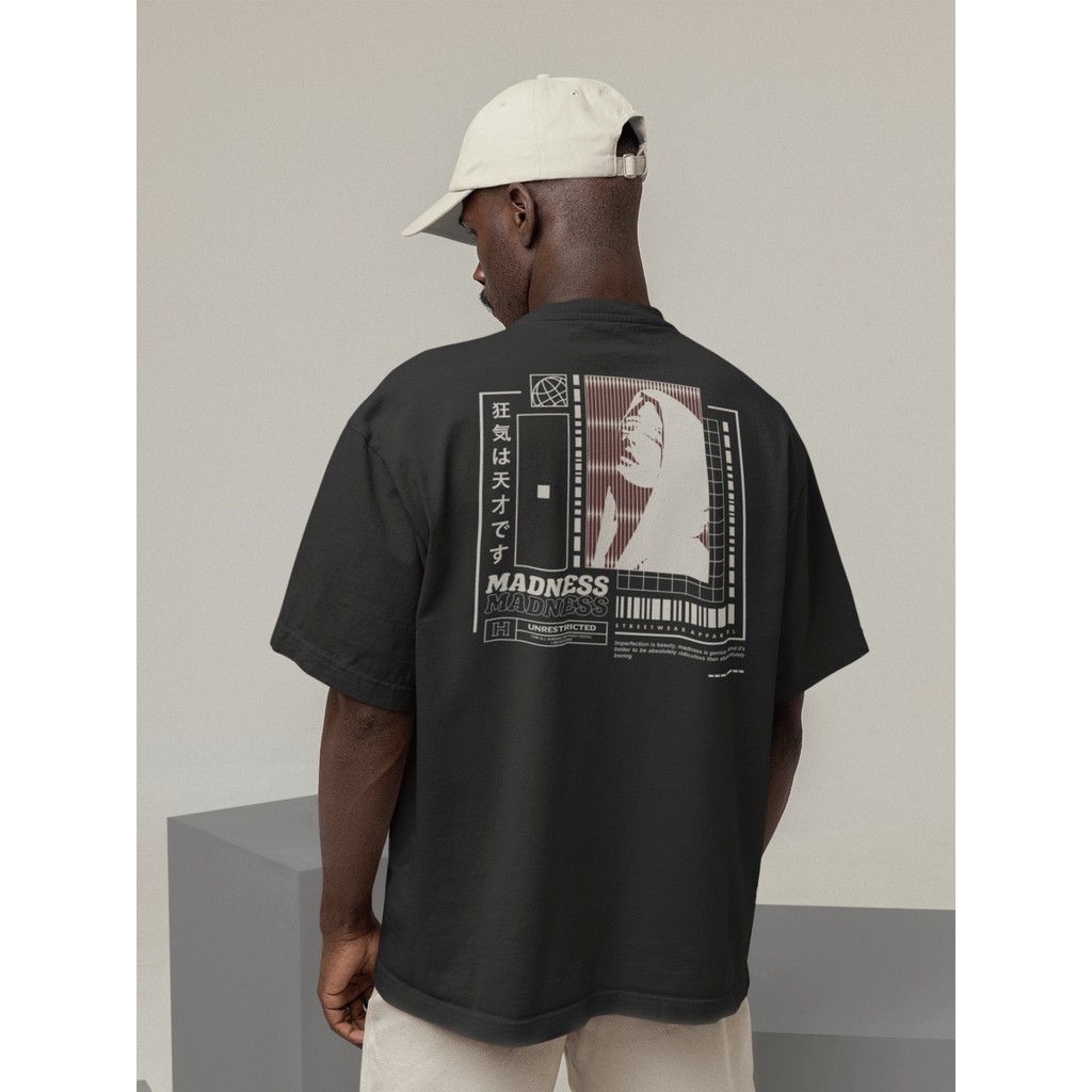 Camisa Camiseta Oversized Gola Alta Streetwear Masculino e Feminino 100% Algodão Preto e Off Whte Estampado - MADNESS