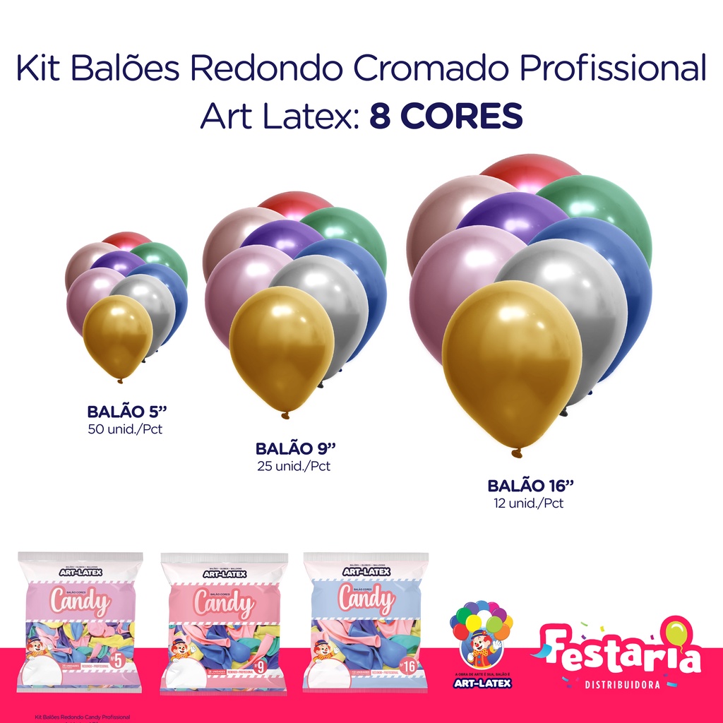 Kit 3 Pacotes Balões Bexigas Redondo Cromado Profissional – 5" , 9" e 16" – Art Latex