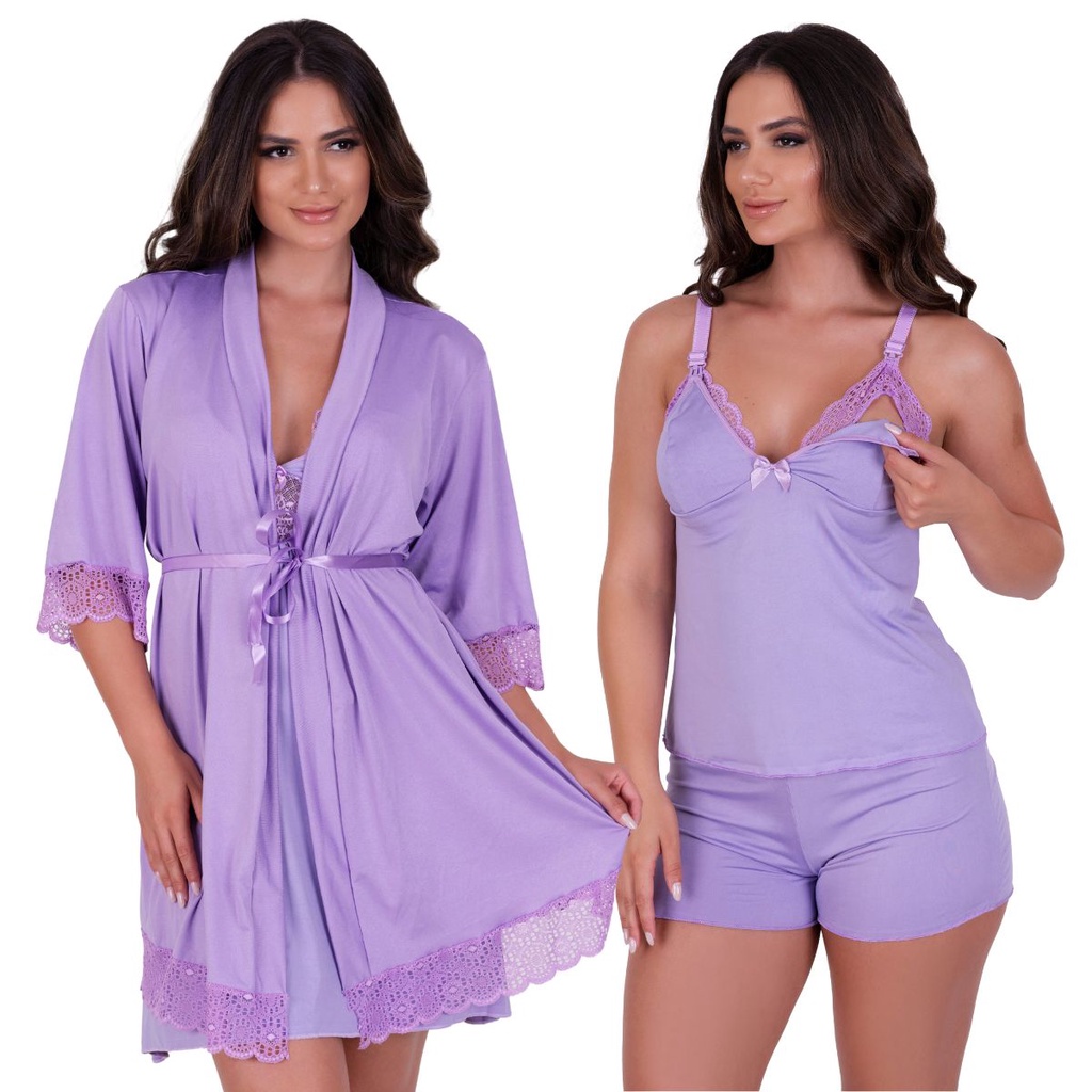 Baby Doll Amamentação Com Robe de Romantic e Renda