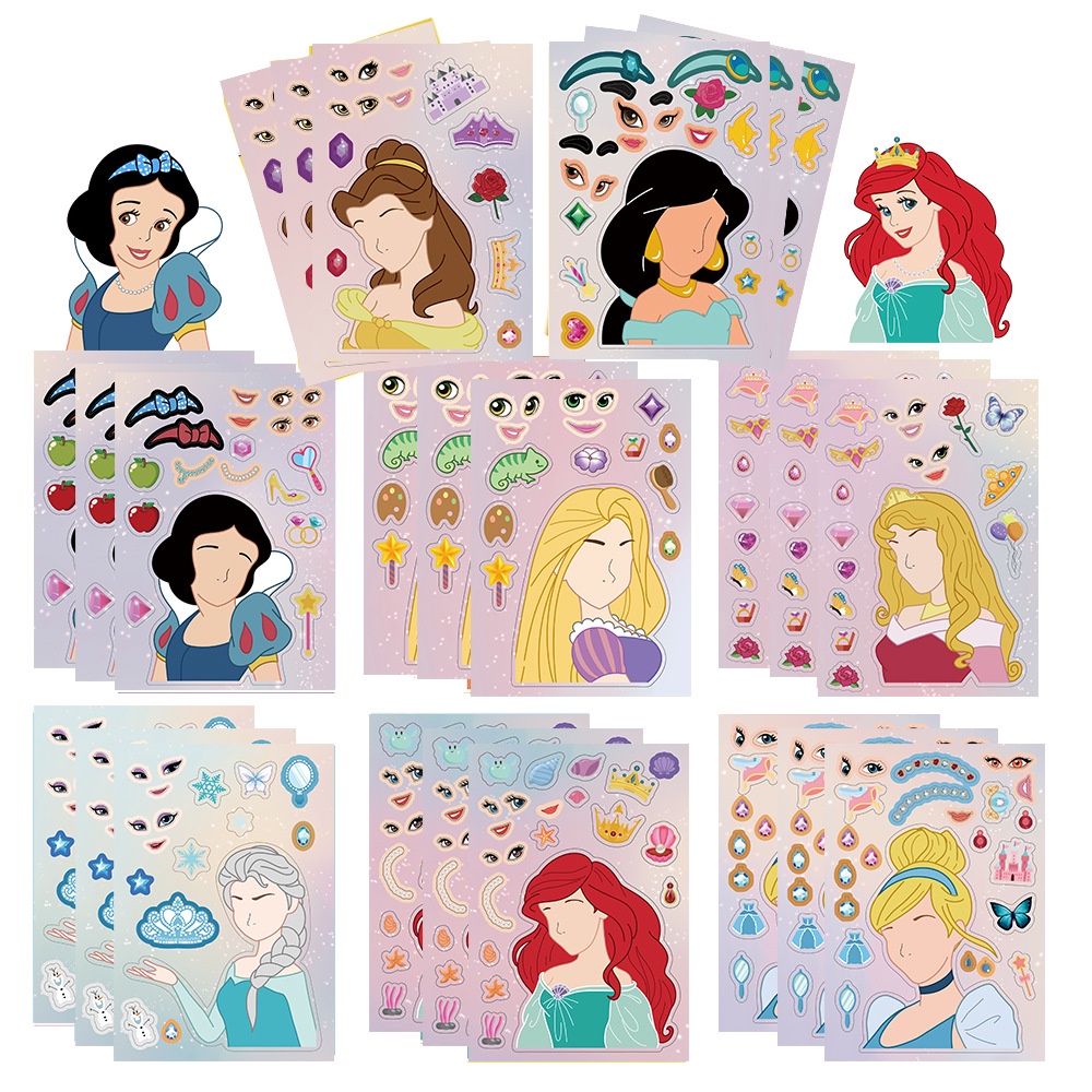 8 Folhas De Desenho Animado Princesas " Faça Um Rosto " Autocolante De PVC Impermeável Para Montagem De Bricolagem em Oferta na Shopee
