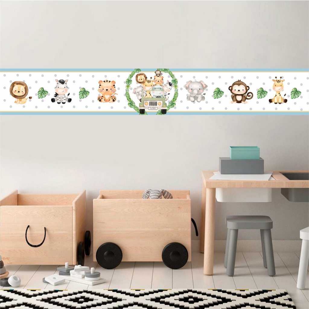 Faixa Adesiva Decorativa  Safari Aquarela - Adesivo de Parede Infantil - Decoração Quarto de Menino Papel de Parede