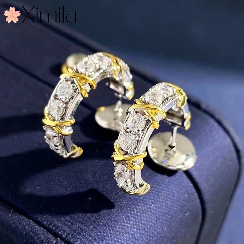 ❤ Original moda High-End cruz XO brincos de duas cores cheio de diamante luxo em forma de U brincos de ouro rosa feminin em Oferta na Shopee