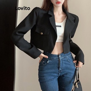 Lovito Blazer Casual Simples De Bolso Falso Para Mulheres LNA35098 (Preto)