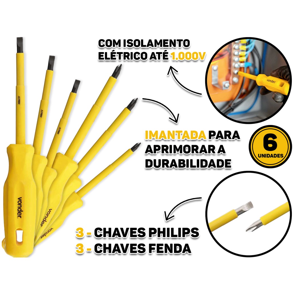 Conjunto Kit 6 Chaves De Fenda E Phillips Haste Isolada Ponta Magnetizada Imantada Jogo Vonder em Oferta na Shopee