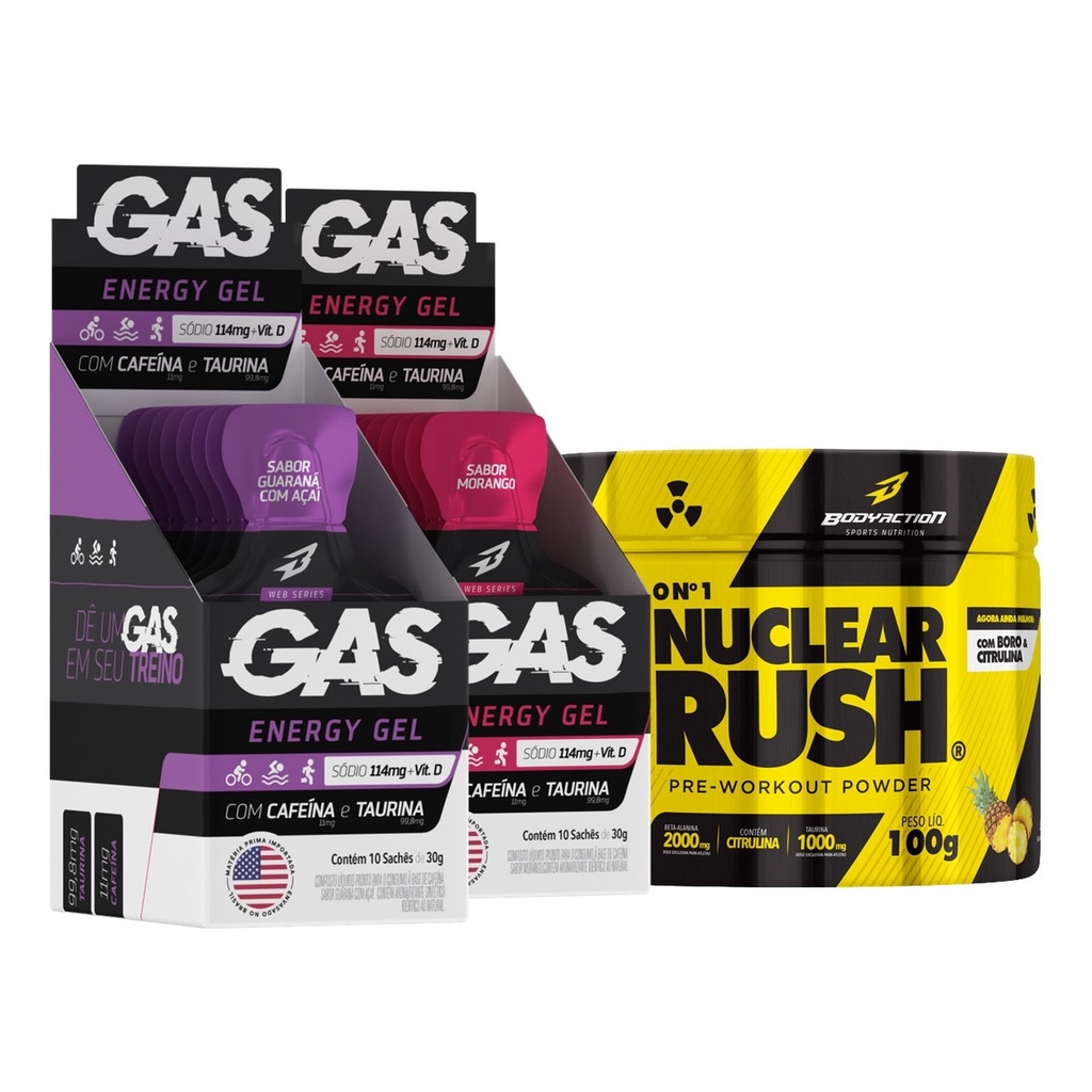 2x Caixas Gas Energy Gel 20 Sachês + Pré Treino Nuclear Rush Bodyaction