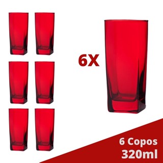 Jogo de Copo Vidro Texas 320ml Quadrado Vermelho Agua - 6Un