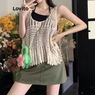 Lovito Casual Blusa Feminina De Tricô Transparente Com Ilhós E Gola V Sem Manga LNE01025 (Damasco)