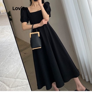 Lovito Elegante Vestido Feminino Liso Com Gola Quadrada E Manga Bufante LNE01046 (Preto)