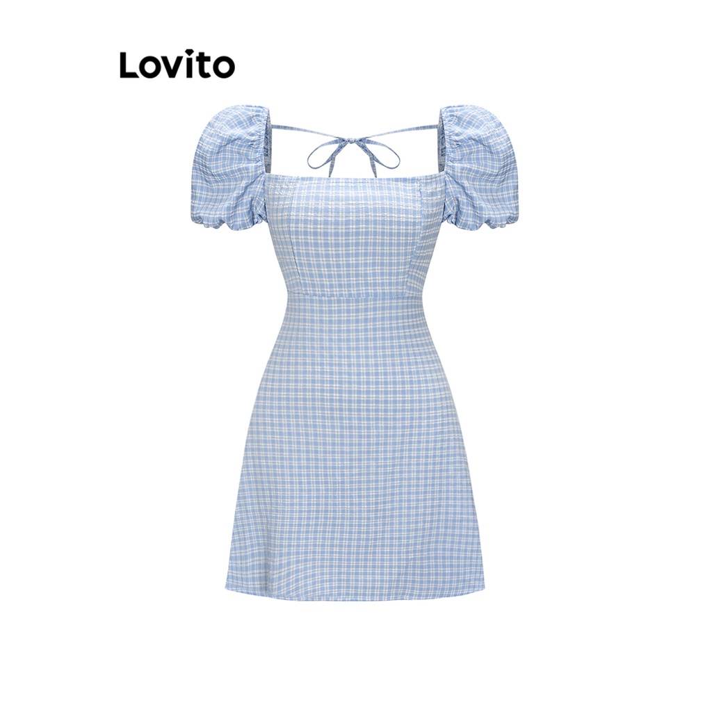 Lovito Vestido de Gola Quadrada com Amarração Mangas Bufantes e Estampa de Xadrez para Mulheres L55AD100 (Azul)