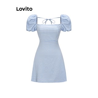Lovito Vestido de Gola Quadrada com Amarração Mangas Bufantes e Estampa de Xadrez para Mulheres L55AD100 (Azul)