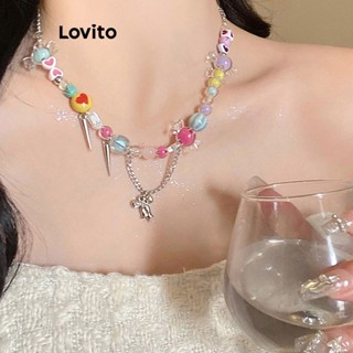 Lovito Fofo Colar Feminino de Coração com Miçangas Emendas Laço e Pompom Tom Pastel LFA08353 (Multicor)