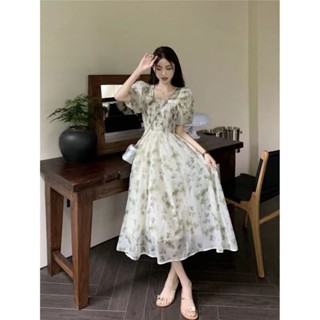 Vestido Floral Feminino Estilo Pastoral Francês Vestido Floral Feminino de Verão Manga Quadrada de Pescoço Bufante de Comprimento Médio Slimmer Look Saia de Cintura Estreita