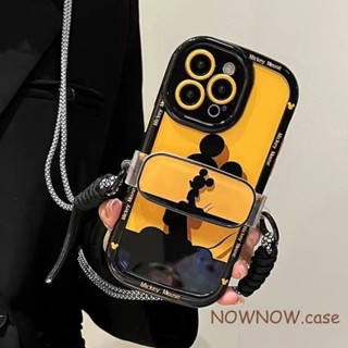 Compatível Para iPhone 15 14 13 12 11 Pro MAX XS XR 6 7 8 Plus INS Cartoon Cute Mickey Mouse Black Border Puff Phone Case Com Alça De Transporte Clipe Traseiro