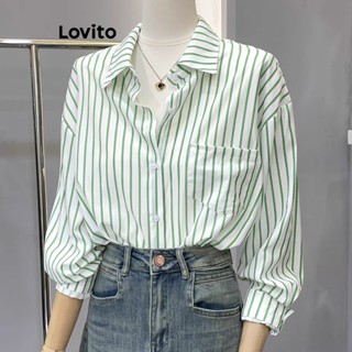 Lovito Casual Blusa Listrada com Botões Frontais para Mulheres LNE20170 (Verde)
