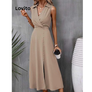 Lovito Vestido Elegante Liso Com Botão Frontal Dividido Para Mulheres LBL07097